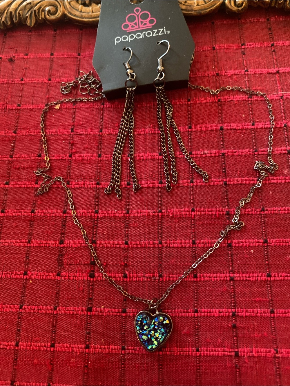 Paparazzi Iridescent Blue Heart Necklace and Chain Tassel Earrings - Blue